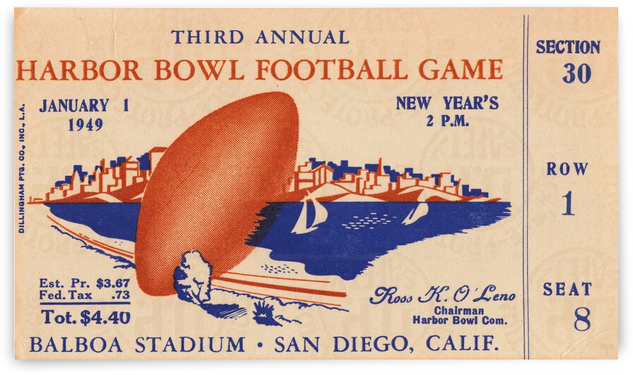 1949 Harbor Bowl Football Ticket Print by Row One Brand