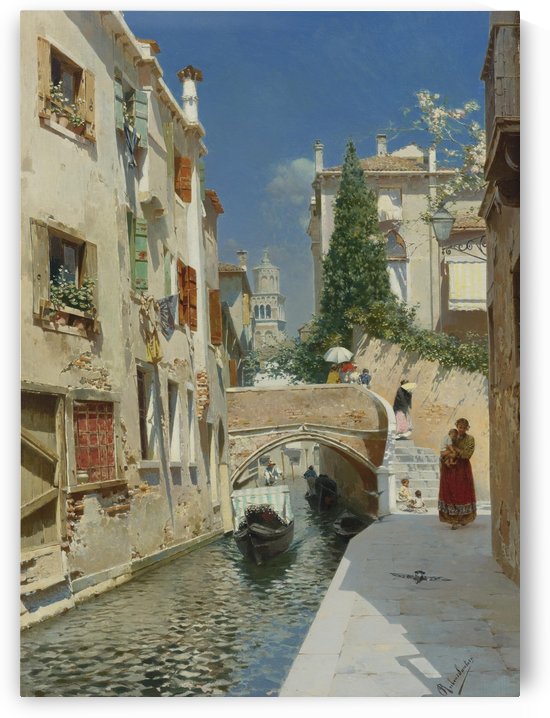 Venetian canal with the campanile of the Frari in the distance by Rubens Santoro
