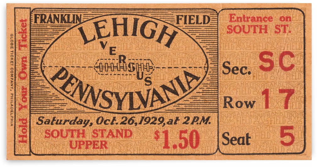 1929 Lehigh vs. Pennsylvania Football Ticket Print by Row One Brand