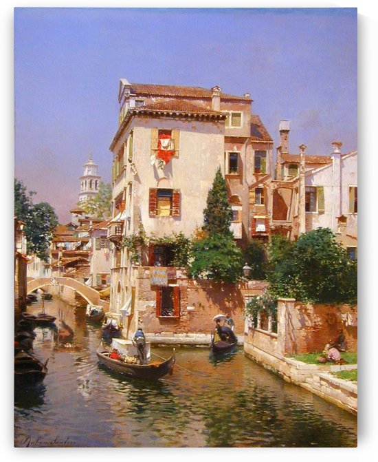 Gondoliers On A Venetian Canal by Rubens Santoro