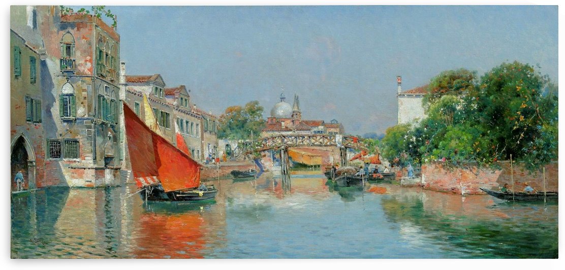 Boats along a Venetian canal by Rubens Santoro