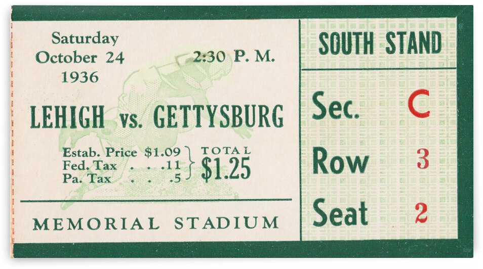 1936 Lehigh vs. Gettysburg Football Ticket Print by Row One Brand