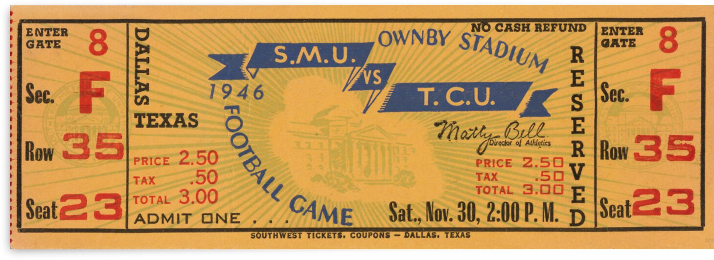 1946 SMU Mustangs vs. TCU Horned Frogs Football Ticket Print by Row One Brand