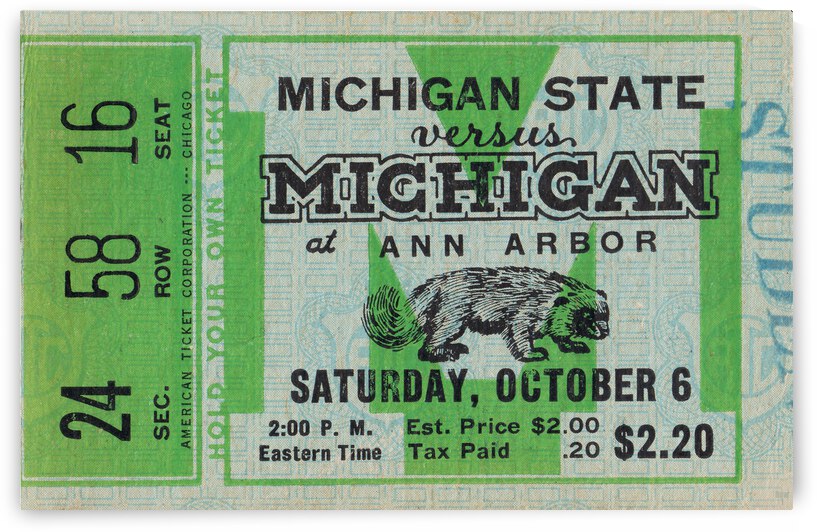 1934 Michigan State vs. Michigan Football Ticket Stub Print by Row One Brand