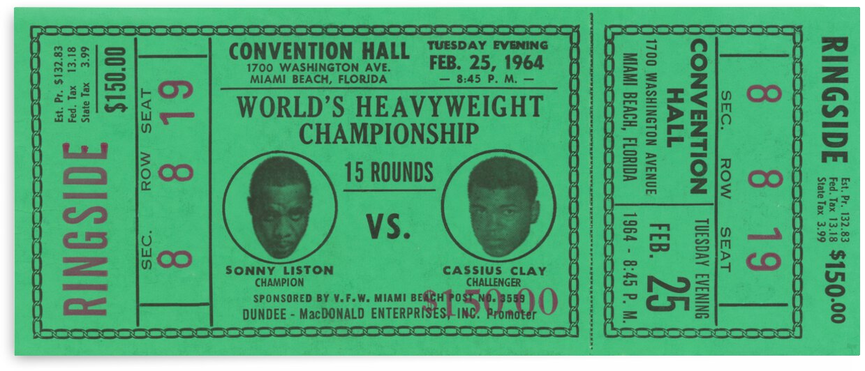 1964 Cassius Clay vs. Sonny Liston Boxing Ticket Stub Print by Row One Brand