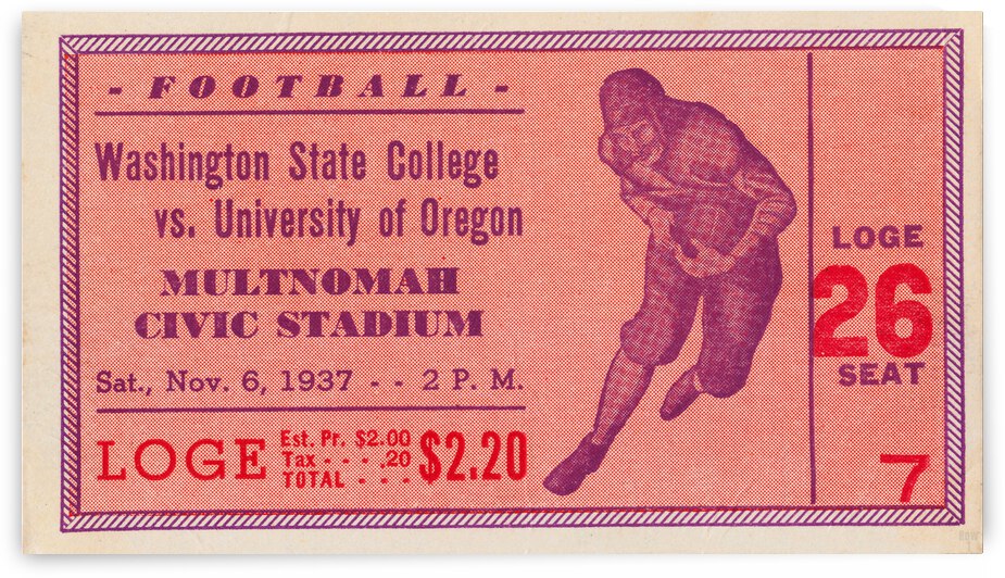 1937 Washington State College vs. Oregon Ducks Ticket Stub Print by Row One Brand