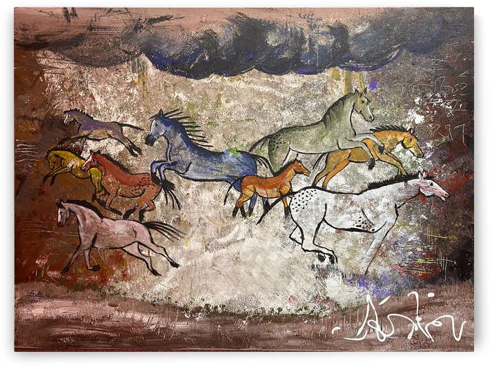 Primitive Horses Running on Cave Wall I by Holly K Fine Art