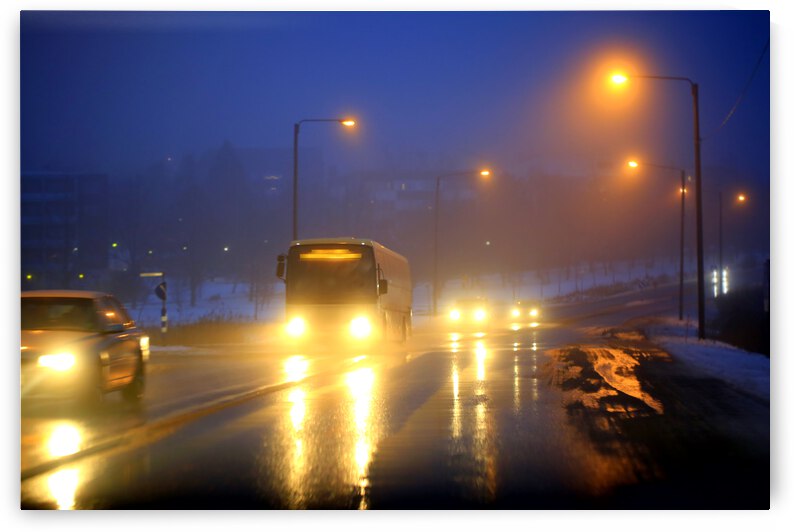 Traffic on Foggy Blue Winter Evening by Taina Sohlman