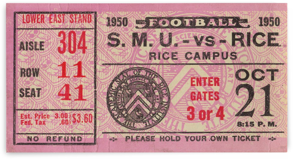 1950 SMU Mustangs vs. Rice Owls Football Ticket Art by Row One Brand