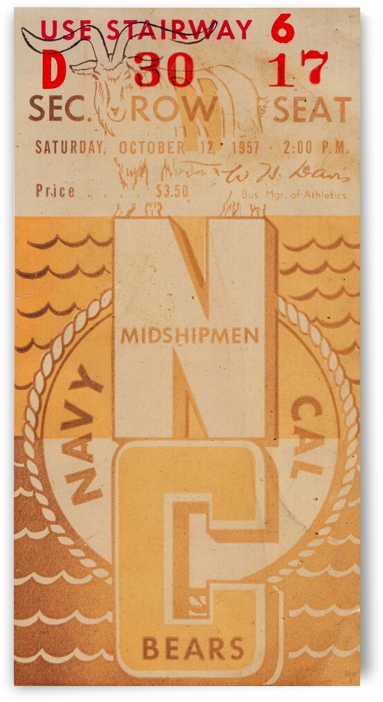 1957 Navy Midshipmen vs. Cal Bears Football Ticket Art by Row One Brand