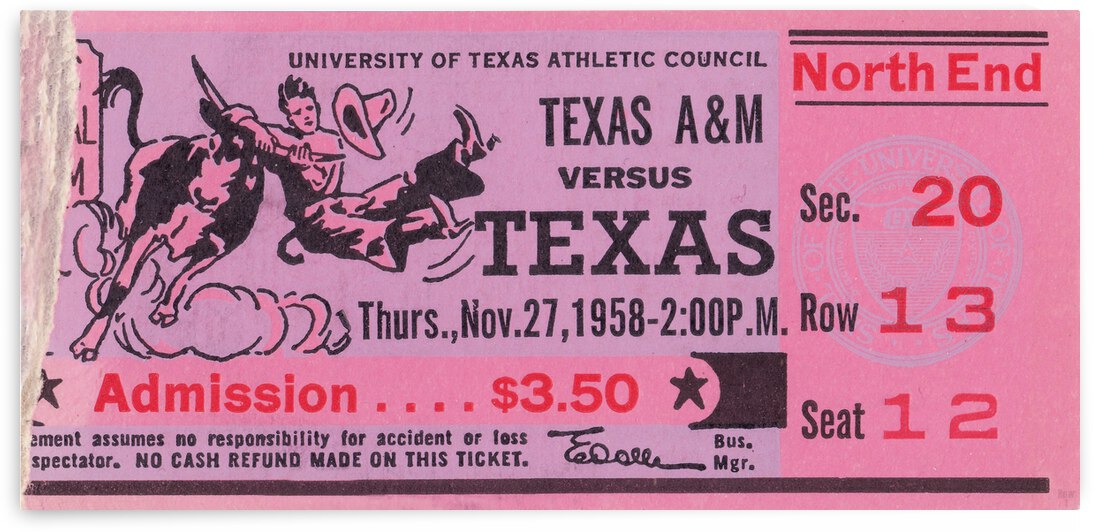1958 Texas AM vs. Texas Longhorns Football Ticket Art by Row One Brand