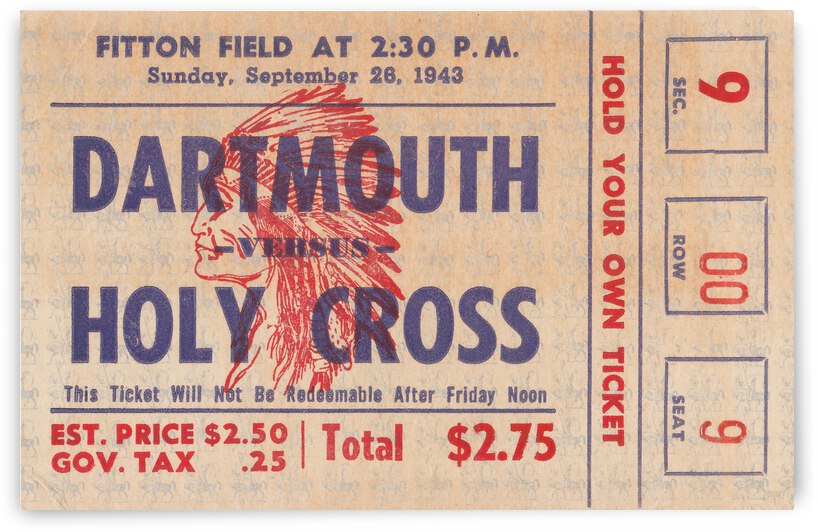 1943 Dartmouth Indians vs. Holy Cross Crusaders Ticket Art by Row One Brand