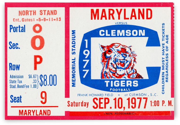 1977 Maryland Terps vs. Clemson Tigers Football Ticket Print by Row One Brand