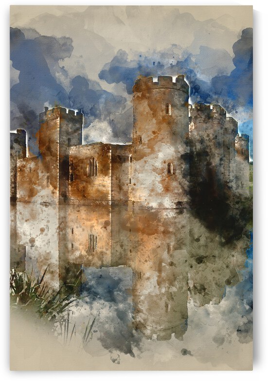 Digital watercolor painting of Stunning moat and castle in Autum by Matthew Gibson