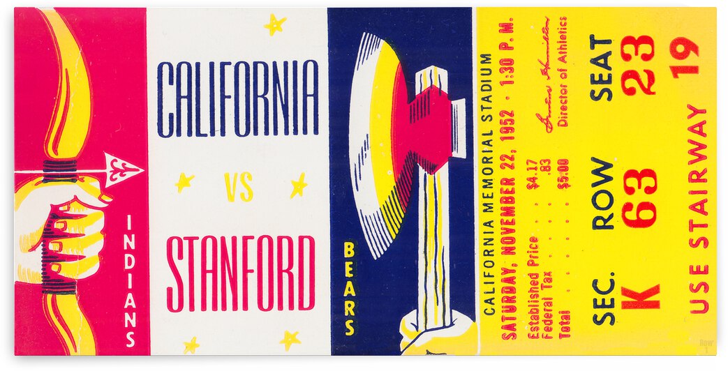 1952 Cal Bears vs. Stanford Indians Football Ticket Print by Row One Brand