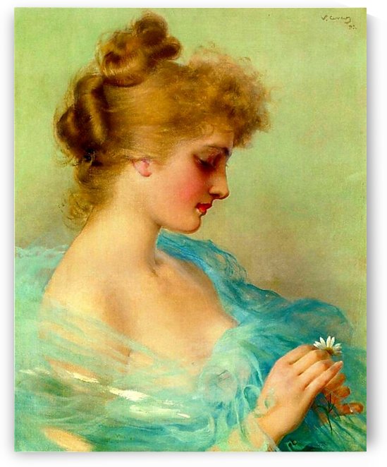 Portrait of a young woman in blue dress with flowers by Vittorio Matteo Corcos