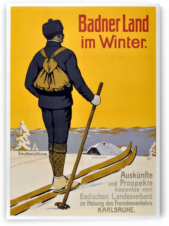 Early original vintage skiing poster promoting winter in Baden, Germany by VINTAGE POSTER