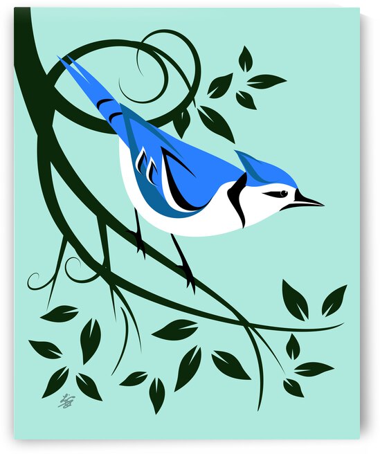 Stylized Blue Jay On Branch by Liz Cereby
