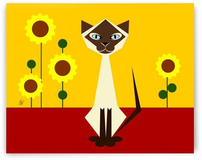 Geometric Abstract Cat With Stylized Flowers by Liz Cereby