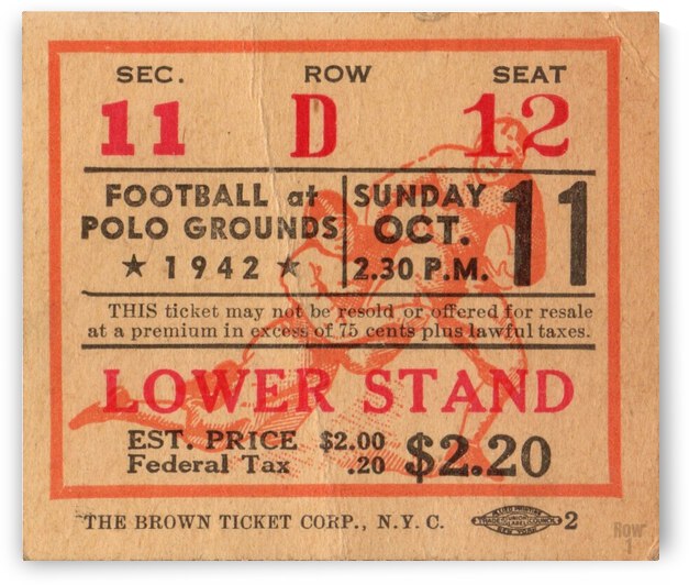 1942 Philadelphia Eagles vs. New York Giants Ticket Stub Art by Row One Brand