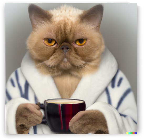 persian cat holding coffee in bathrobe by Tim A Rowland