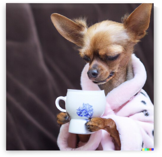 tiny dog in bathrobe staring into coffee by Tim A Rowland