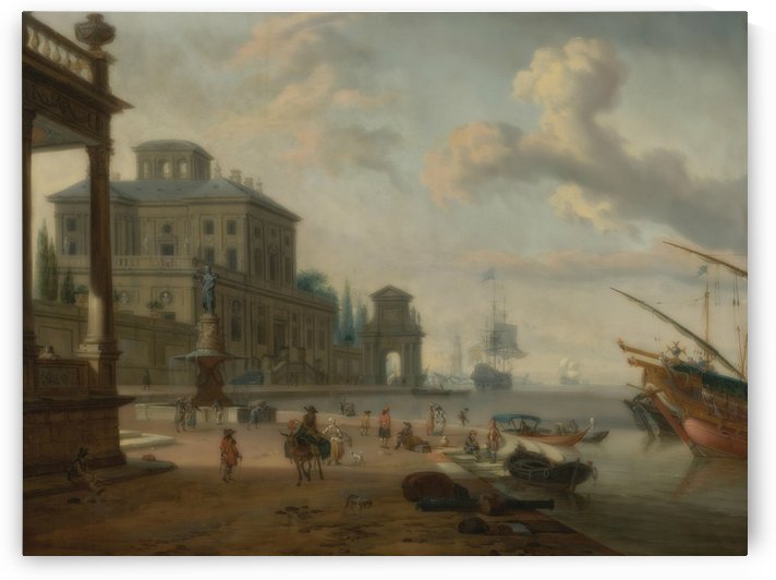 Italianate harbor scene with figures and animals in a grand architectural setting by Abraham Storck