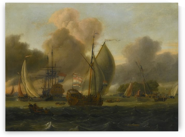 Dutch Man-o-War, a states yacht and other ships in a fresh breeze by Abraham Storck