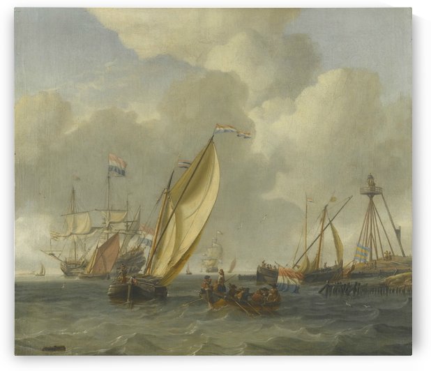 Dutch ships on choppy coastal waters by a spit of land with a beacon by Abraham Storck