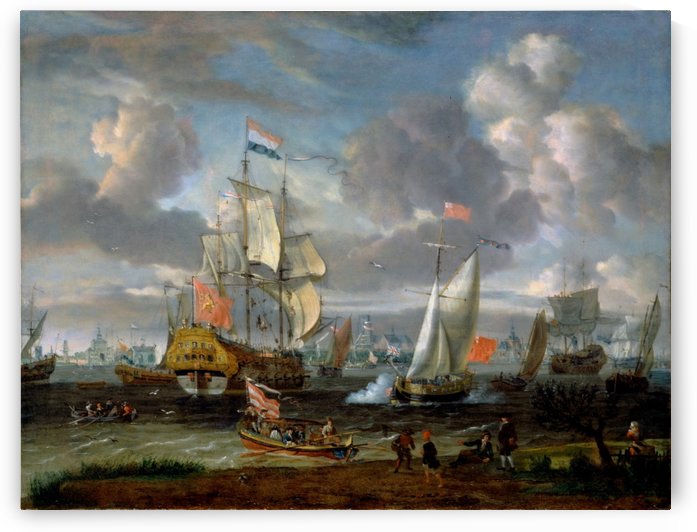 An English yacht saluting Dutch Man-of-War in the port of Rotterdam by Abraham Storck