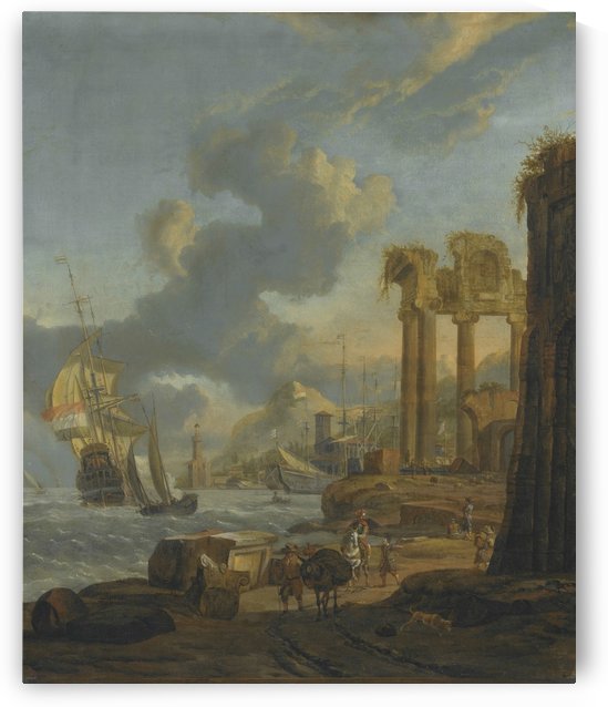 A Mediterranean harbour scene with travellers on the shore by Abraham Storck