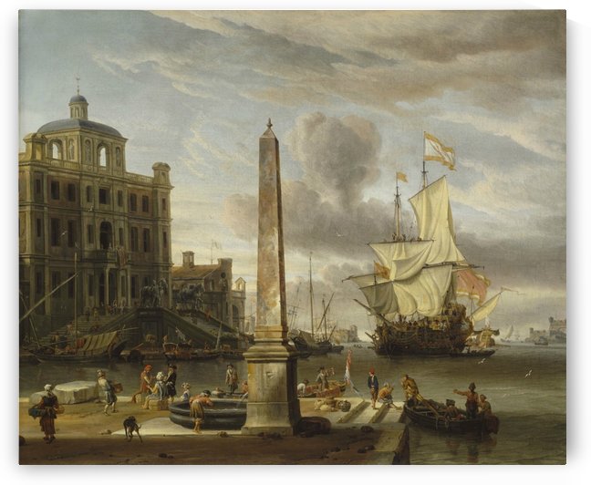 Italianate Harbour View with a Fantasy Building and Man-of-War by Abraham Storck