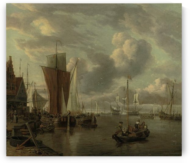 Quayside with extensive shipping by Abraham Storck