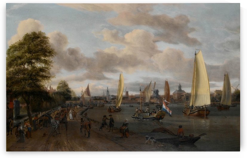 The river Buiten-Amstel with a trekschuit and other shipping by Abraham Storck