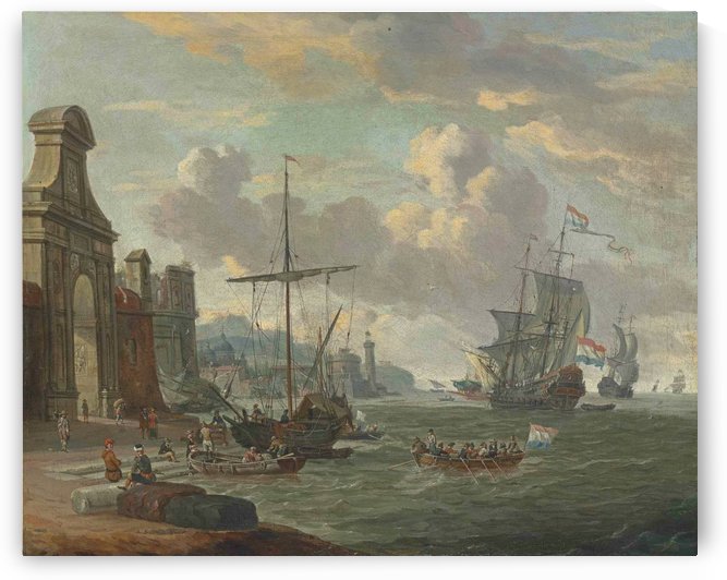 A Mediterranean harbour with stevedores loading ships by a city gate by Abraham Storck