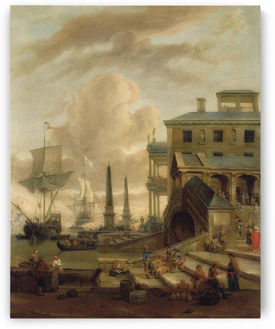 A capriccio of a Mediterranean harbour with stevedores, orientals and elegant figures, with ships beyond by Abraham Storck