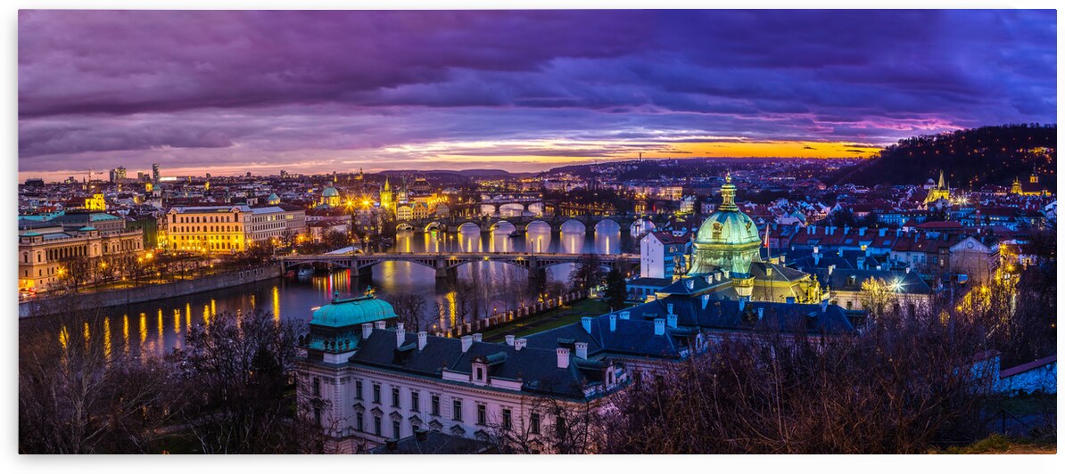 View at The Charles Bridge and Vltava river in Prague in dusk at sunset by artvi