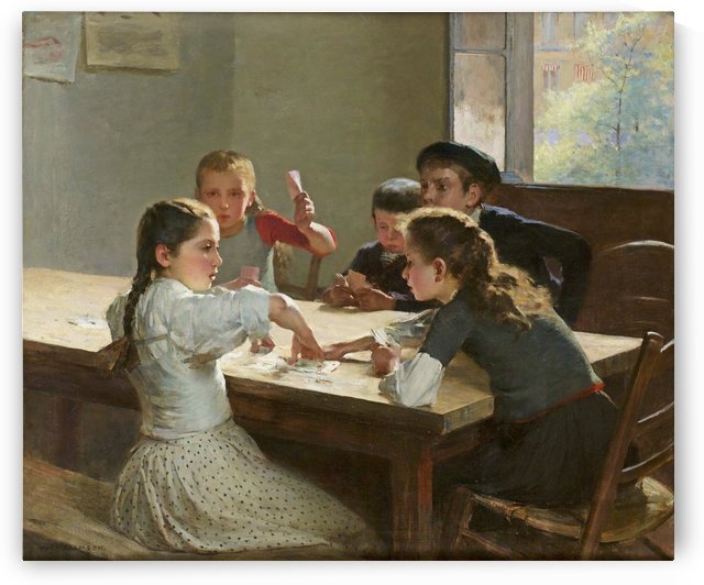 Interior with children playing cards by Hugo Salmson