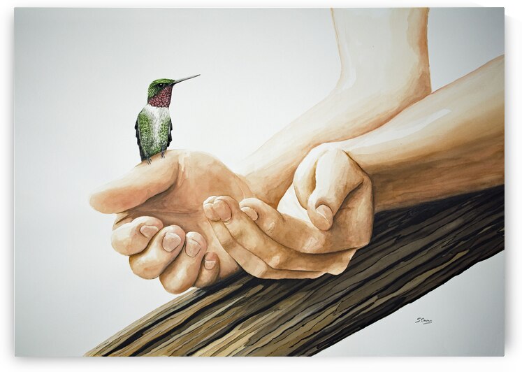 Ruby-Throated Hummingbird Hands of Life Painting by Stephen Emms