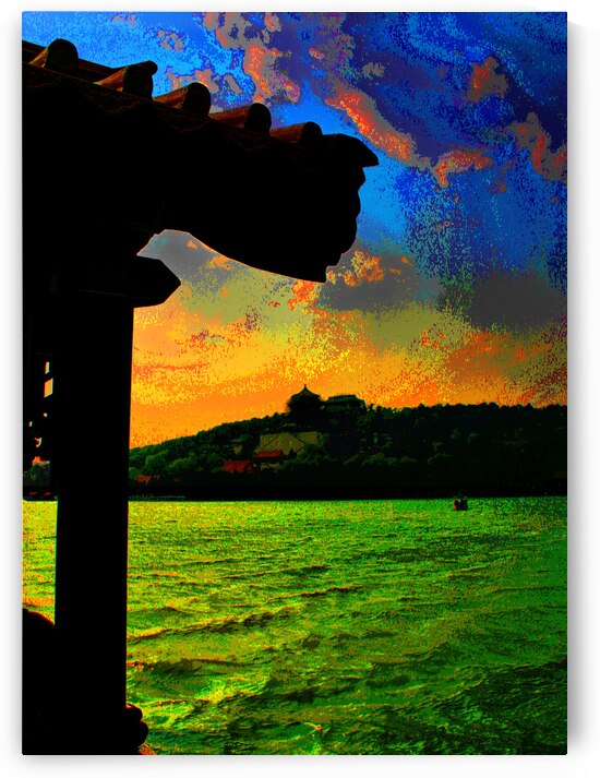 DRAGON BOATS AT SUNSET - THE SUMMER PALACE IN BEIJING CHINA by LES MAYERS 