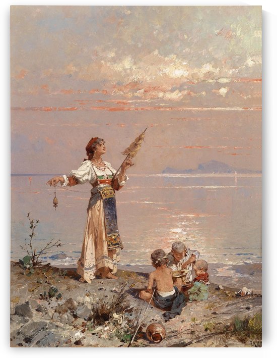 A woman working while her children play by Franz Richard Unterberger