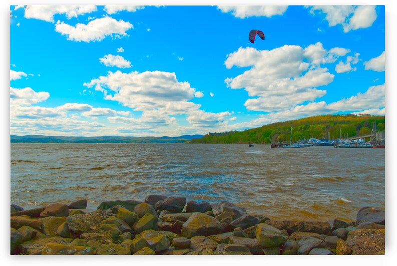 Wildly Windy Kite Flyer on the Hudson River by Michele Milano Arts