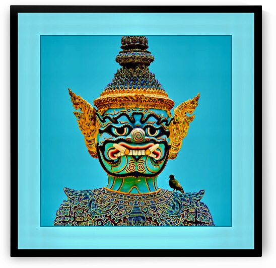 A YAK TEMPLE GUARD WITH A BIRD ON HIS SHOULDER - THAILAND by LES MAYERS 