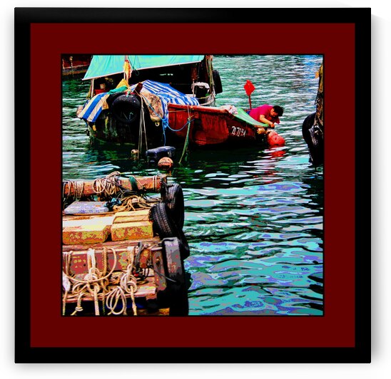 FISHERMAN MAINTAINING A SMALL DINGY IN ABORDEEN HARBOUR by LES MAYERS 