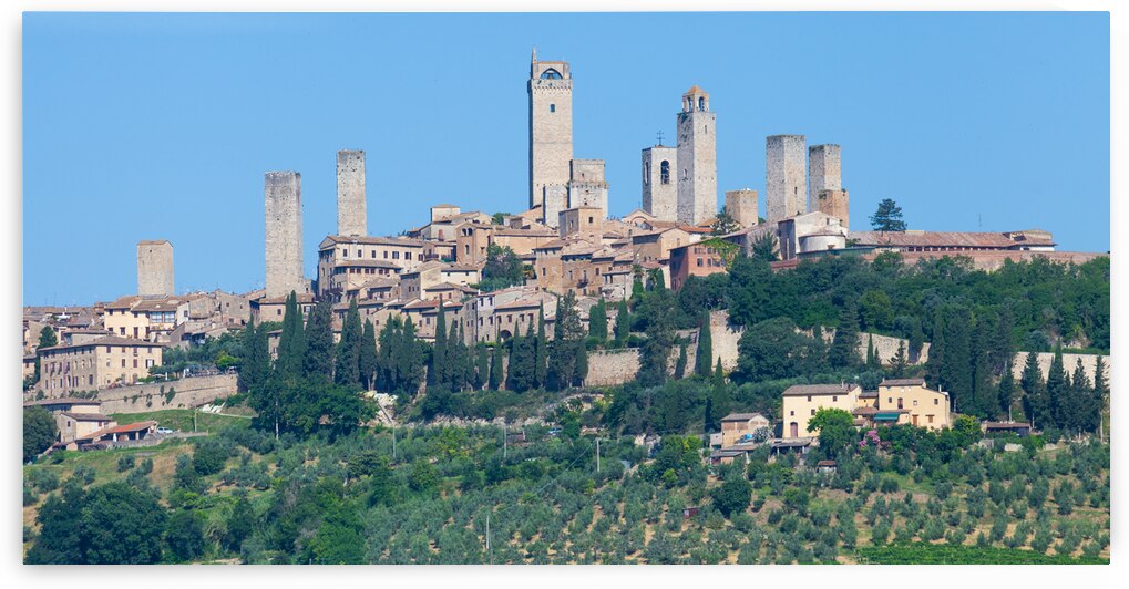 San Gimignano village Italy: green countryside blue sky hill  by Paolo Modena