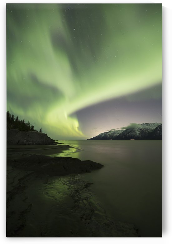 Aurora Borealis dancing above the Chugach Mountains and Turnagain Arm, Kenai Peninsula, Southcentral, Alaska by PacificStock