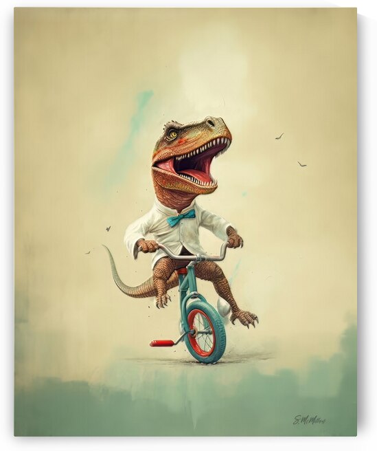 Velociraptor rides bike by Susanne McMillan Art