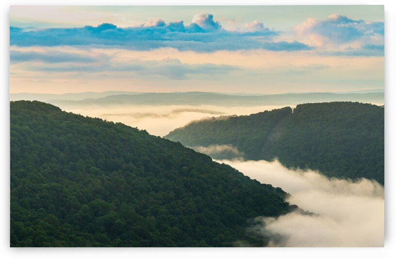 Mist swirling over Cheat River gorge at sunrise near Raven Rock by Steve Heap