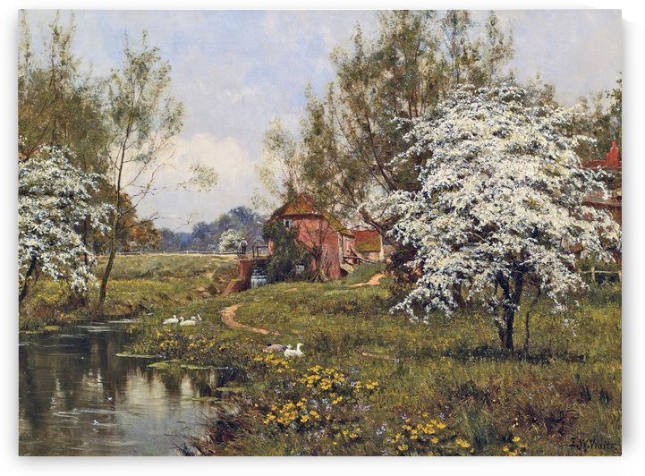 The Mill Cottage in Spring with a river by Edward Wilkins Waite