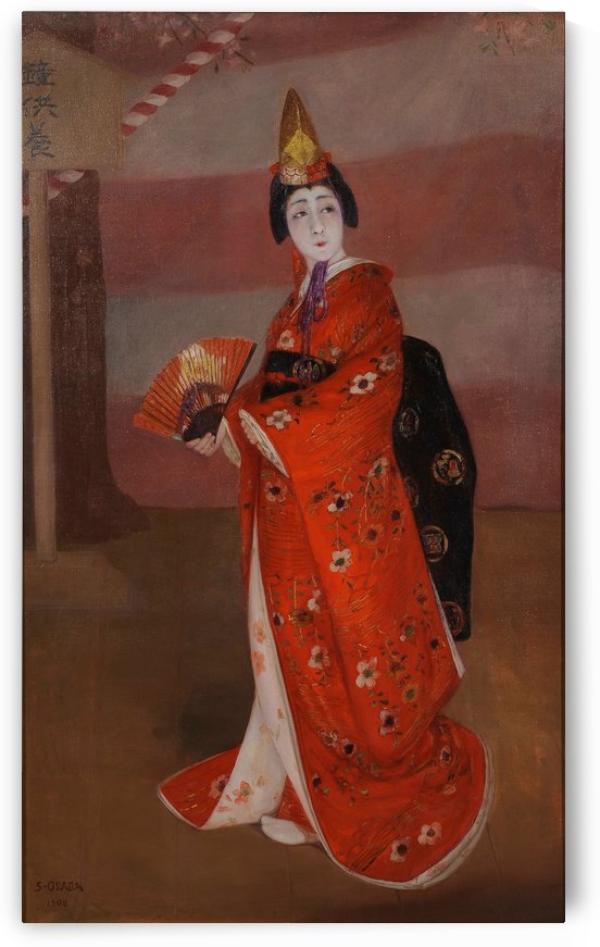A woman in a long red dress by Okada Saburosuke